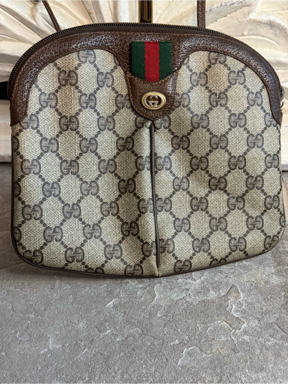 Gucci Beige & Brown GG Canvas Crossbody with Green-Red Web Accent